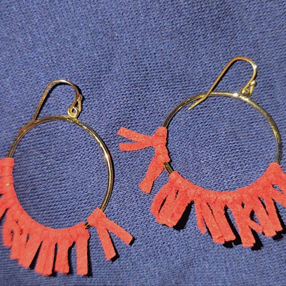 Elegant Gold and Red Fringe Hoop Earrings